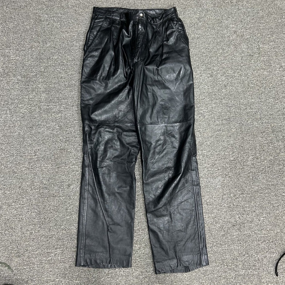 Raffaelo Leather Pants Mens 34 Black Pleated Straight Leg Vintage Biker Trousers